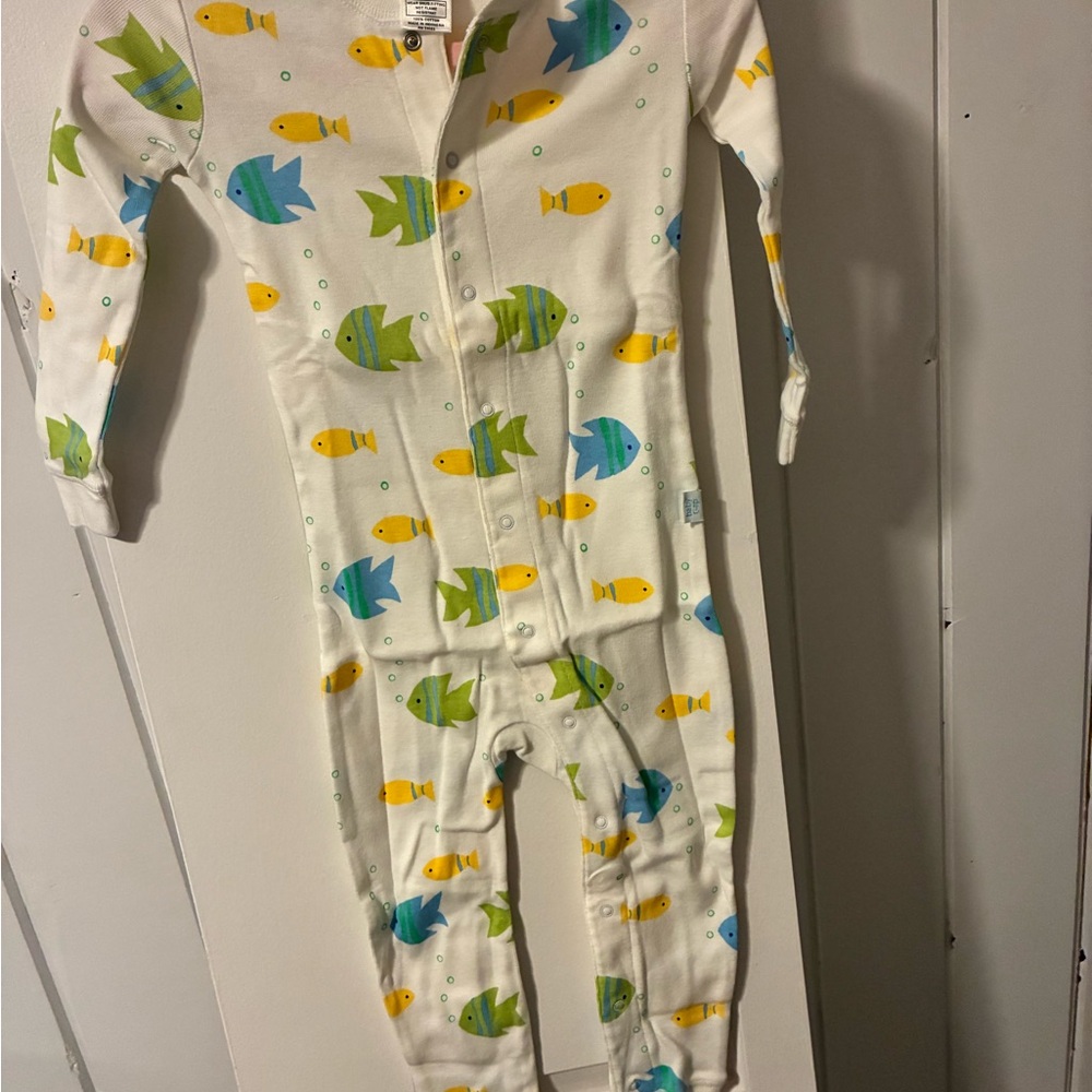 GAP Fish Print One-Piece — White with Blue, Green & Yellow Fish pJ’s
